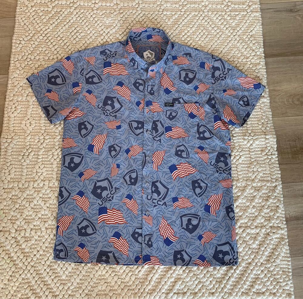 USCCA Patriotic American Flag Weapon Gun Short Sleeve Button Up Shirt Size Large